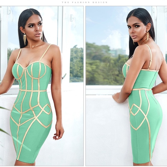 🎥 Bandage Contrast Trim Slim Dress in Turquoise - Picture 5 of 15